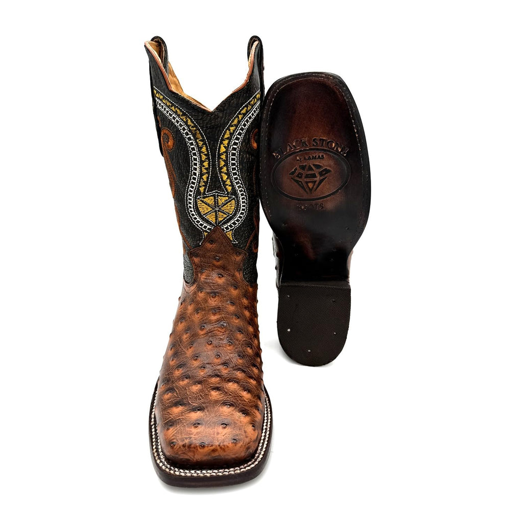 Leather Ostrich Quill Print Square Toe Western Cowboy Boot B3049