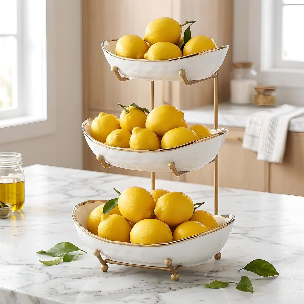White 3 Tier Ceramic Fruit Bowl with Metal Holder G12891