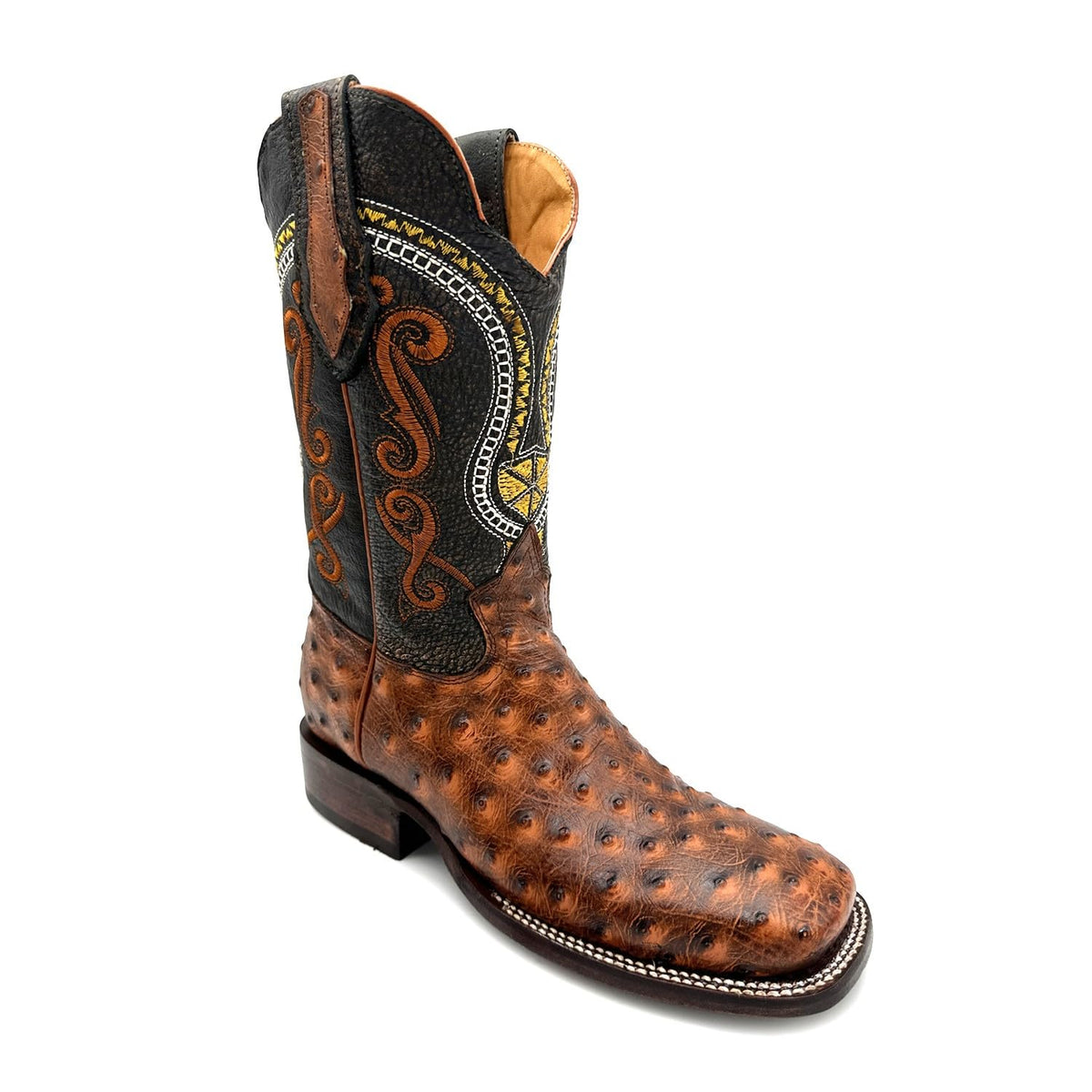 Leather Ostrich Quill Print Square Toe Western Cowboy Boot B3049