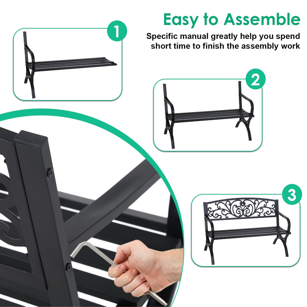50" Outdoor Garden Bench Black 485lbs Load Capacity I164
