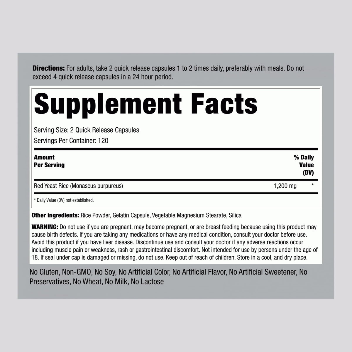 Red Yeast Rice 1200 mg 240 Capsules Q5608