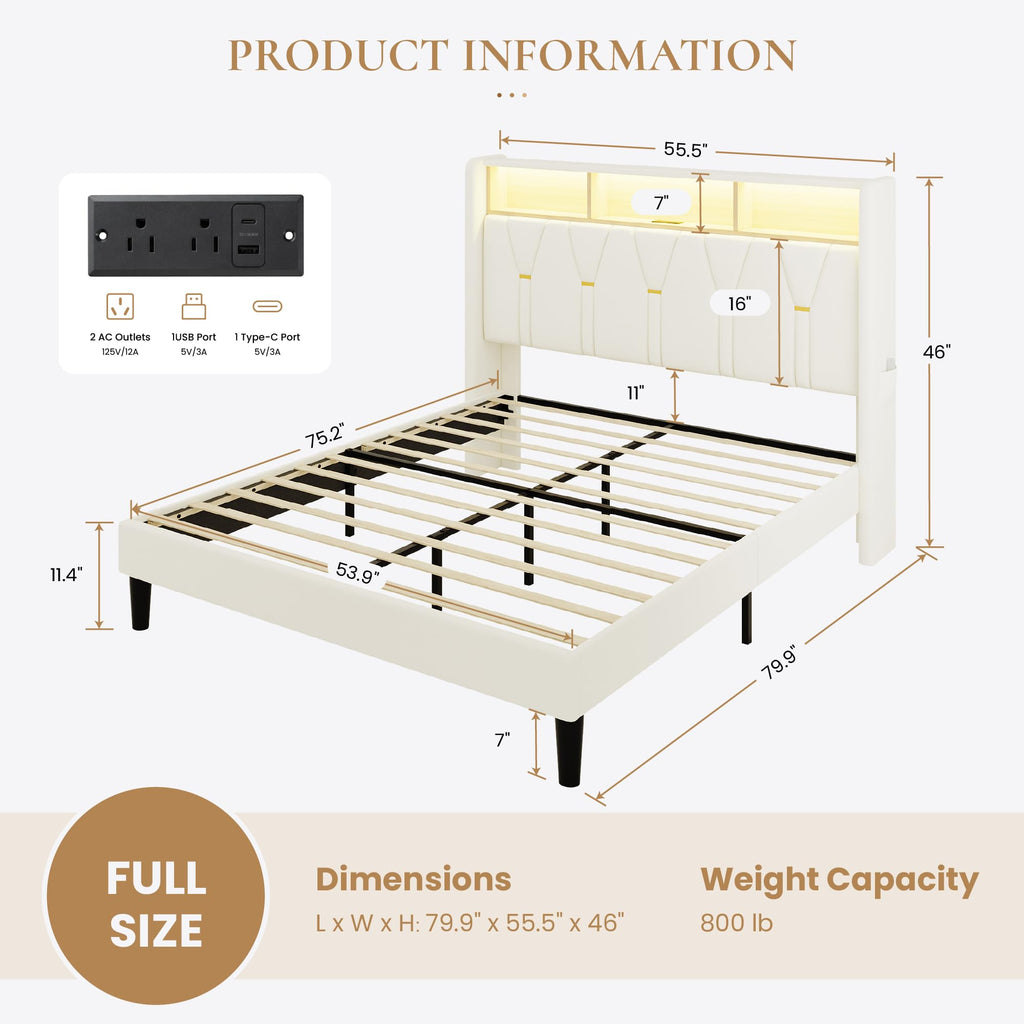 Full Size Bed Frame with 2-Tier Storage Headboard E638934