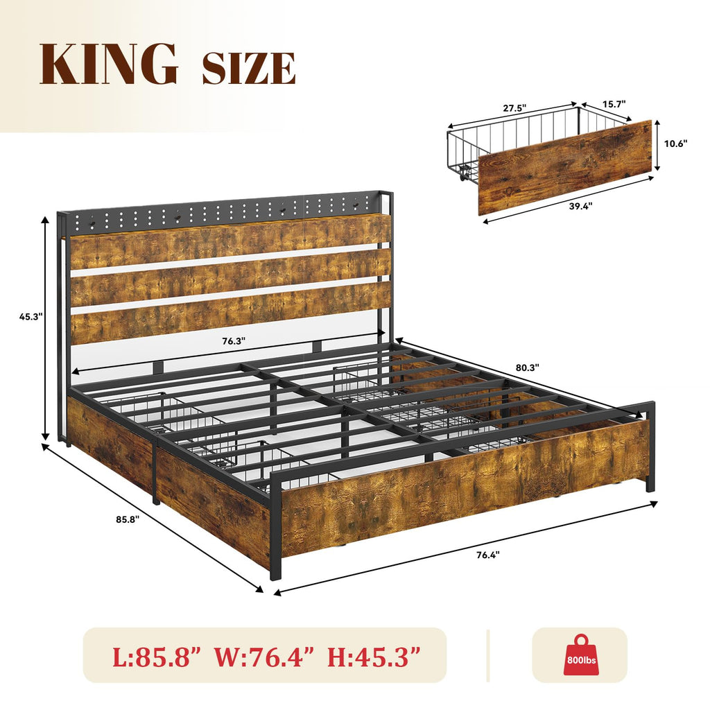 King Size Storage Bed Frame with 4 Drawers, Metal Bed Frame with Headboard Charging Station & Led Lights, Heavy Duty Platform Bedframe, No Box Spring Needed, Noise Free, Easy Assembly, Brown I3714