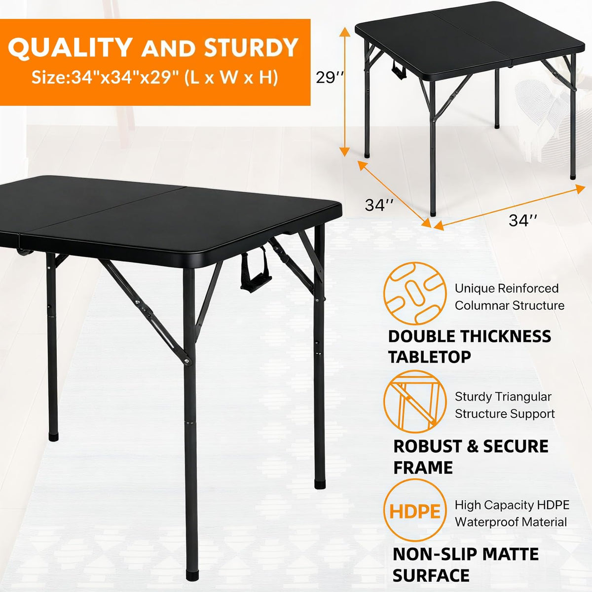 34" Black Square Folding Table with Carrying Handle U90221