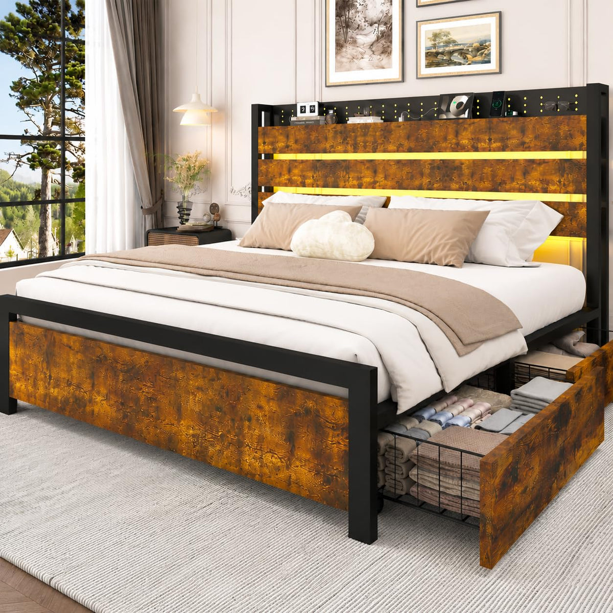 King Size Storage Bed Frame with 4 Drawers, Metal Bed Frame with Headboard Charging Station & Led Lights, Heavy Duty Platform Bedframe, No Box Spring Needed, Noise Free, Easy Assembly, Brown I3714