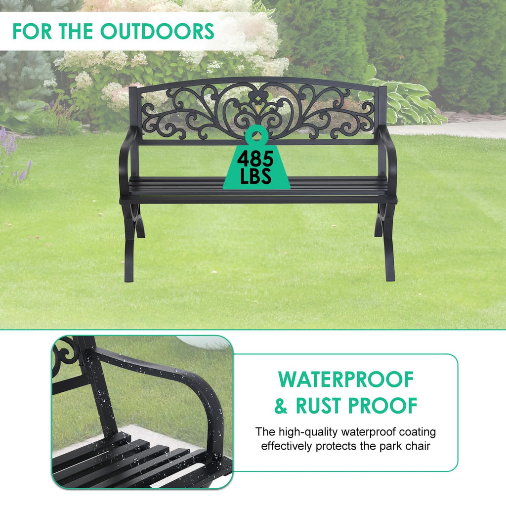 50" Outdoor Garden Bench Black 485lbs Load Capacity I164
