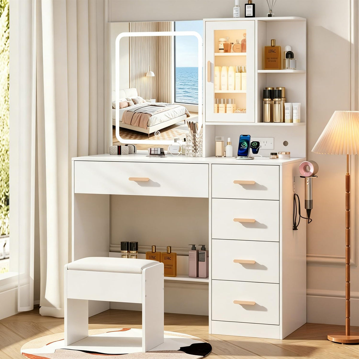 White Vanity Desk with LED Lights Mirror, 5 Drawers, Charging Station & Cushion Stool G84875