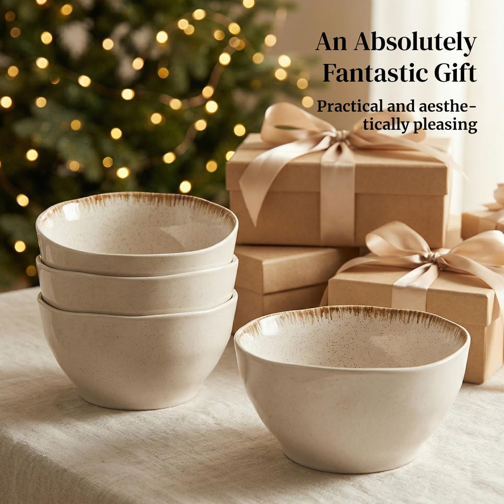30 OZ Ceramic Soup Bowls Set of 4 Beige U6742
