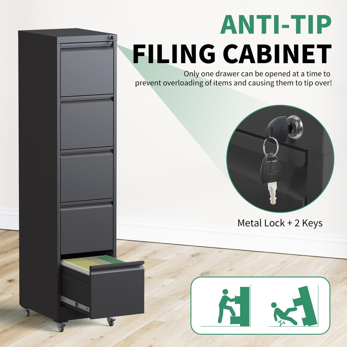 5 Drawer Black Steel File Cabinet with Lock T2999