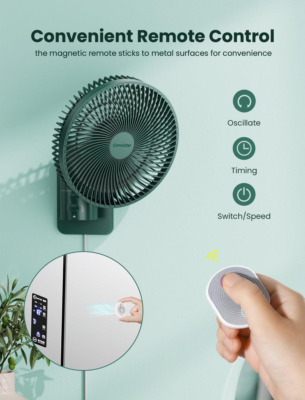 Wall Mounted Oscillating Fan with Remote and Timer, 8.5 Inch 4 Speeds D520