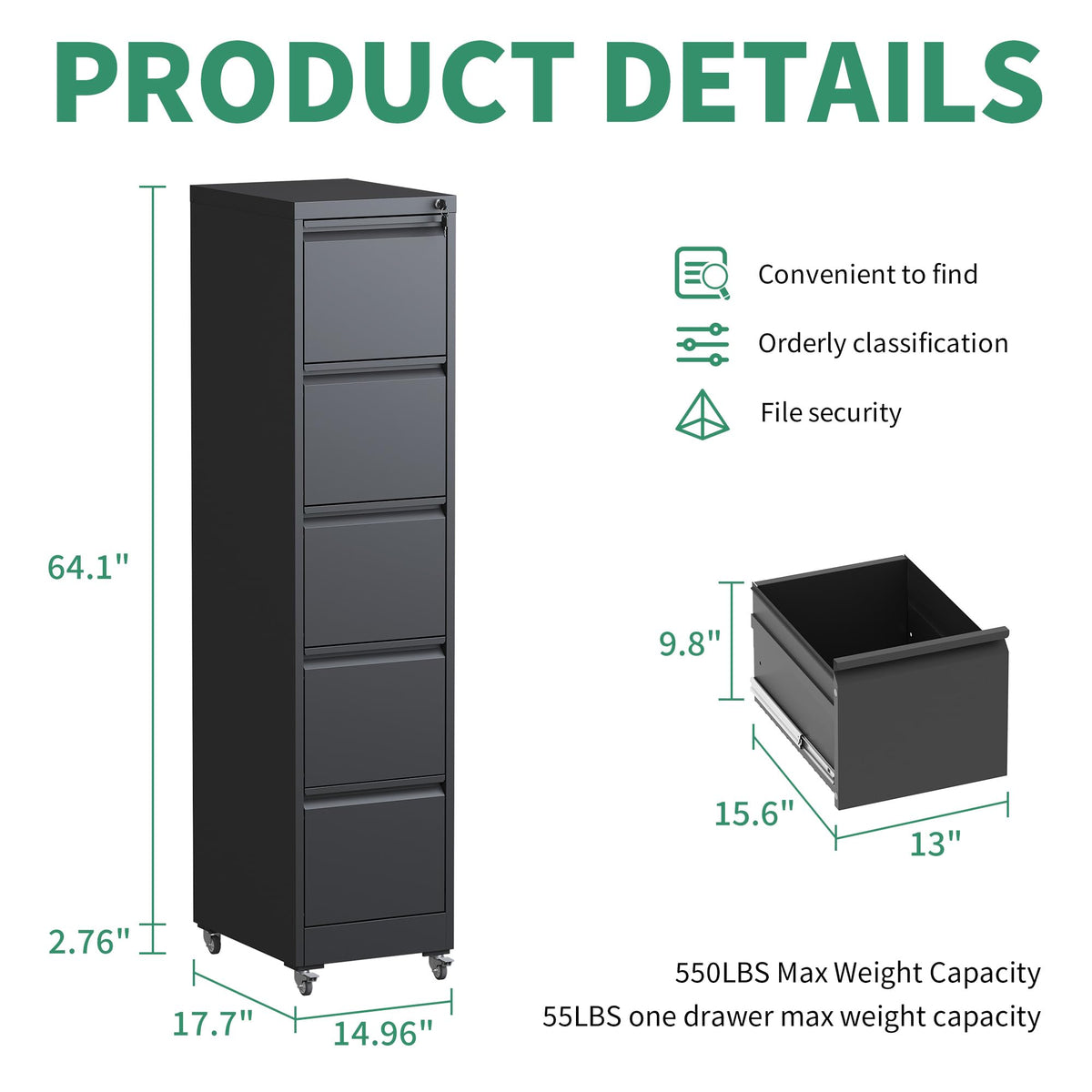 5 Drawer Black Steel File Cabinet with Lock T2999