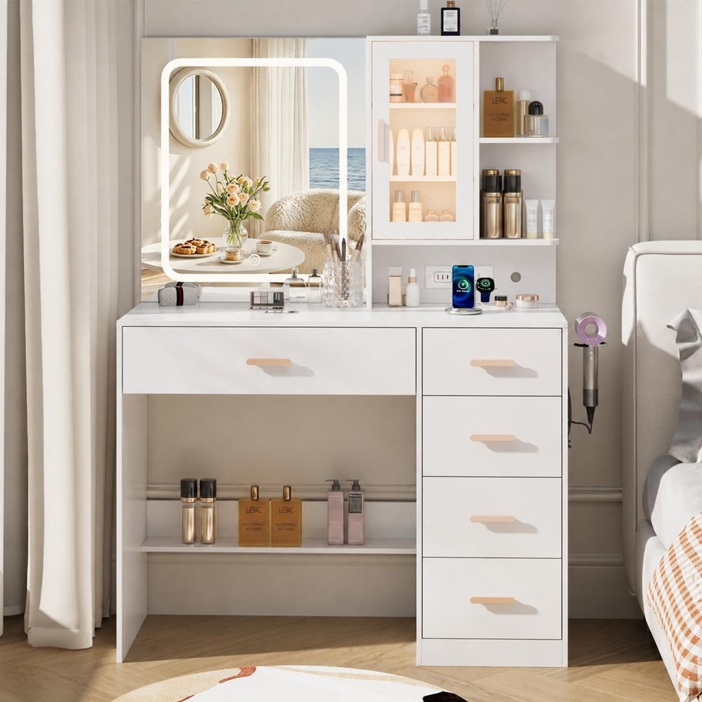 White Vanity Desk with LED Lights Mirror, 5 Drawers, Charging Station & Cushion Stool G84875