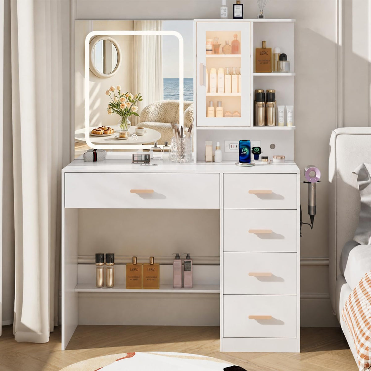 White Vanity Desk with LED Lights Mirror, 5 Drawers, Charging Station & Cushion Stool G84875
