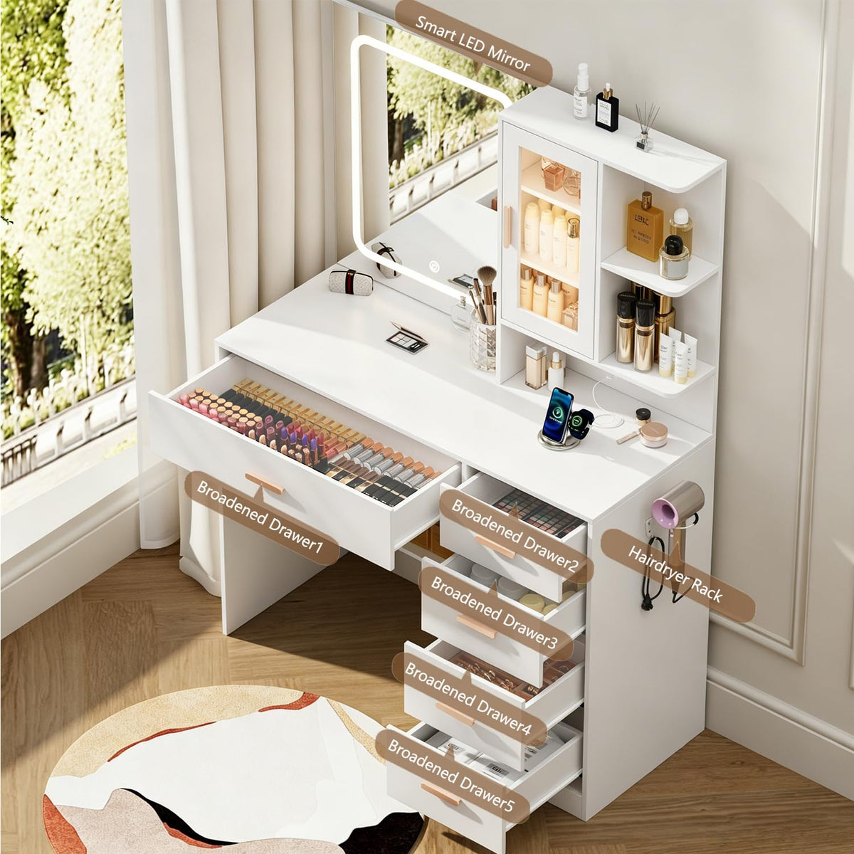 White Vanity Desk with LED Lights Mirror, 5 Drawers, Charging Station & Cushion Stool G84875