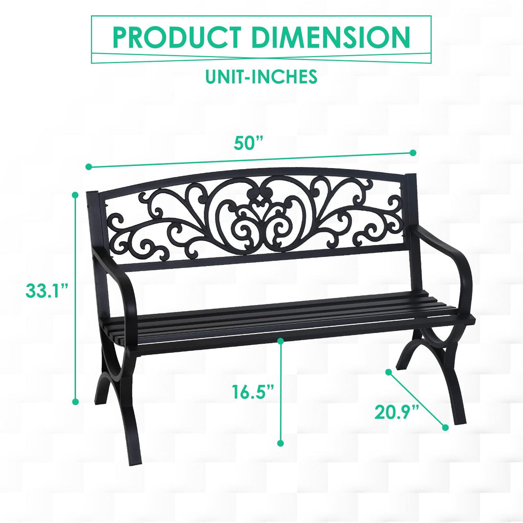 50" Outdoor Garden Bench Black 485lbs Load Capacity I164