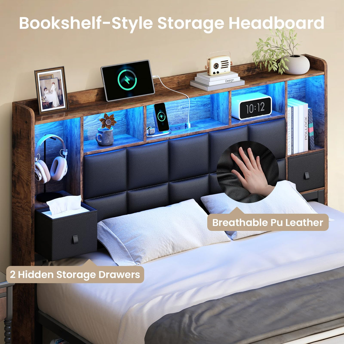 Full Size Platform Bed Frame with LED Light and Charging Station, Black O36303