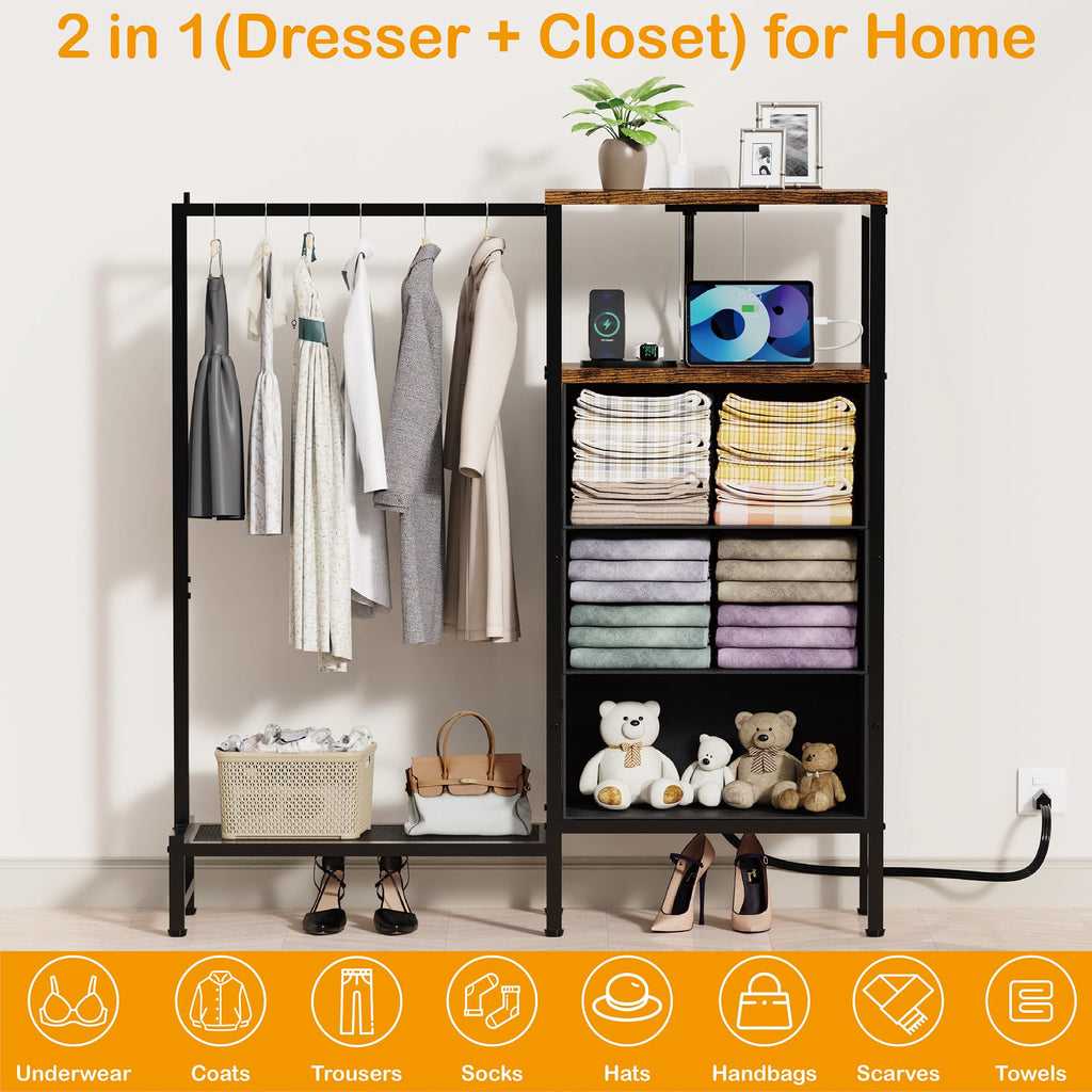 Brown 3 Drawer Fabric Dresser with Hanging Rack N491