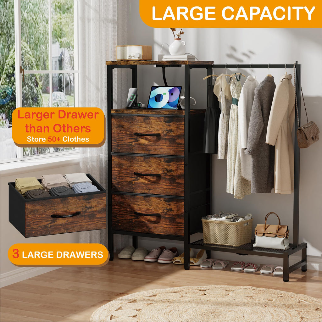Brown 3 Drawer Fabric Dresser with Hanging Rack N491