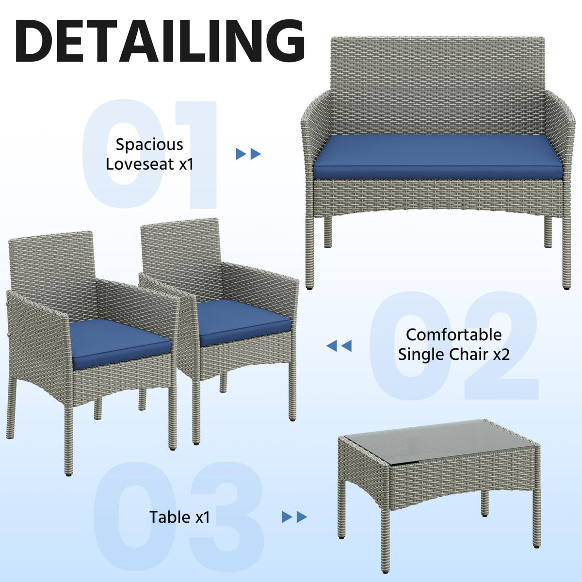 4 Pieces Rattan Wicker Patio Furniture Set with Cushion and Glass Table D405730