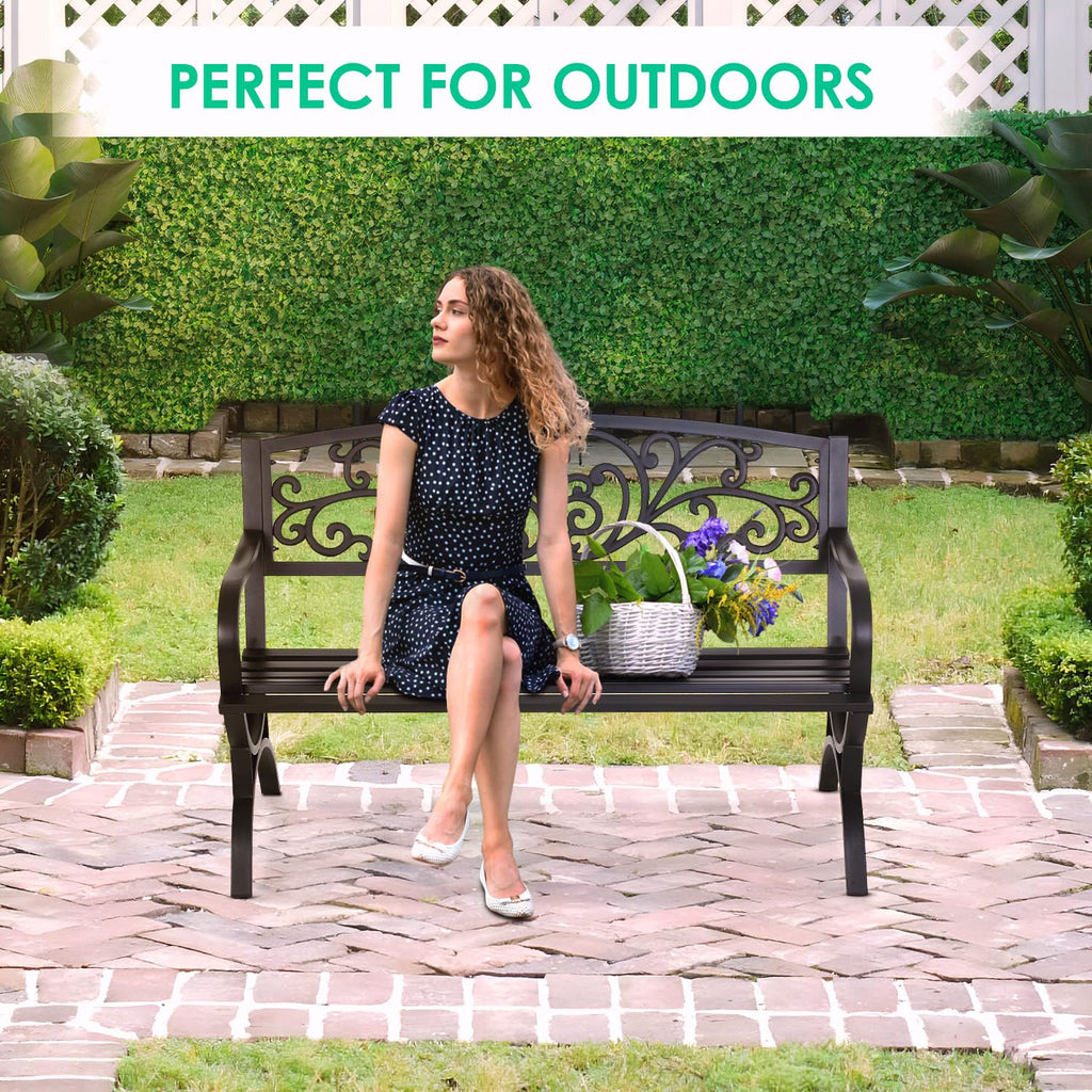 50" Outdoor Garden Bench Black 485lbs Load Capacity I164
