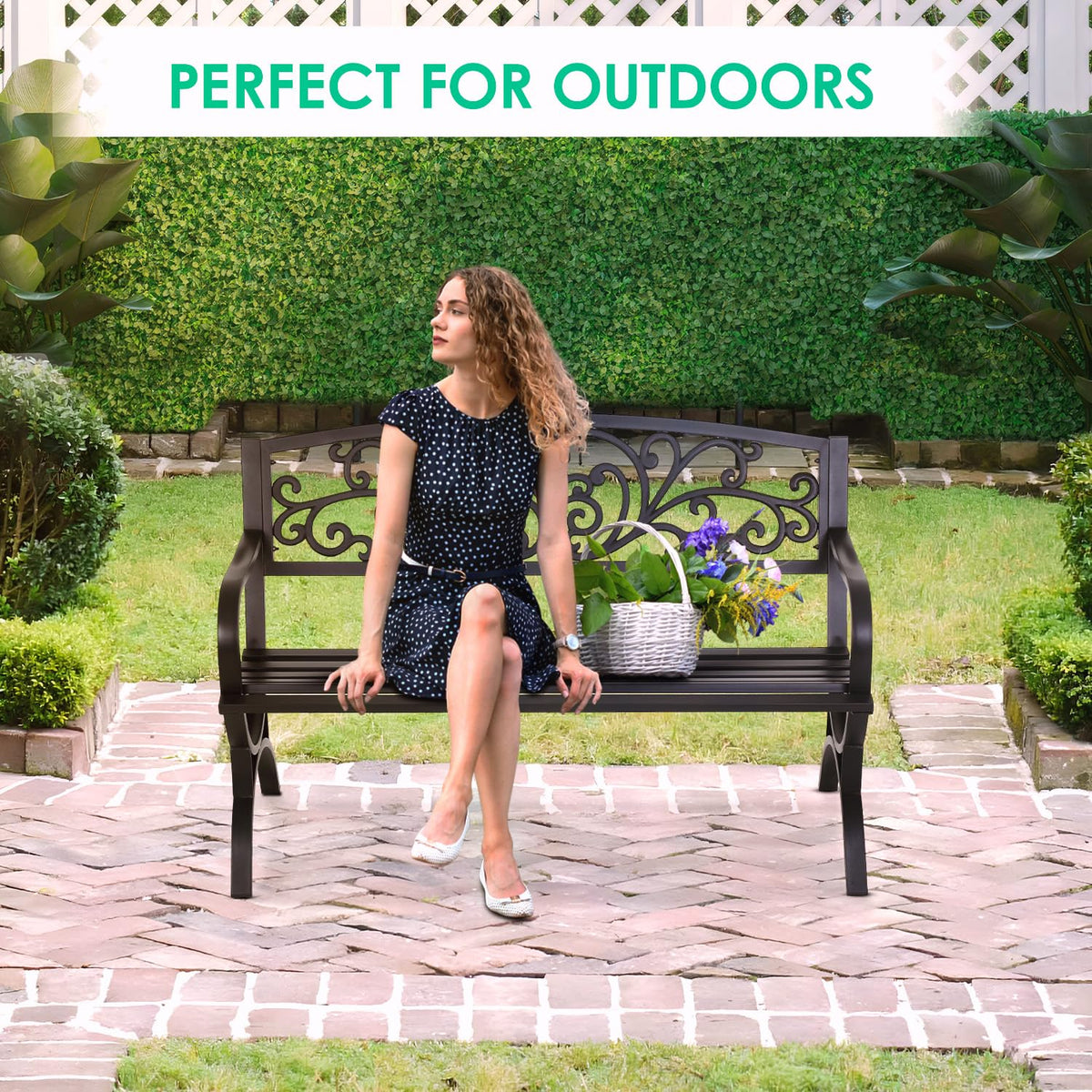 50" Outdoor Garden Bench Black 485lbs Load Capacity I164