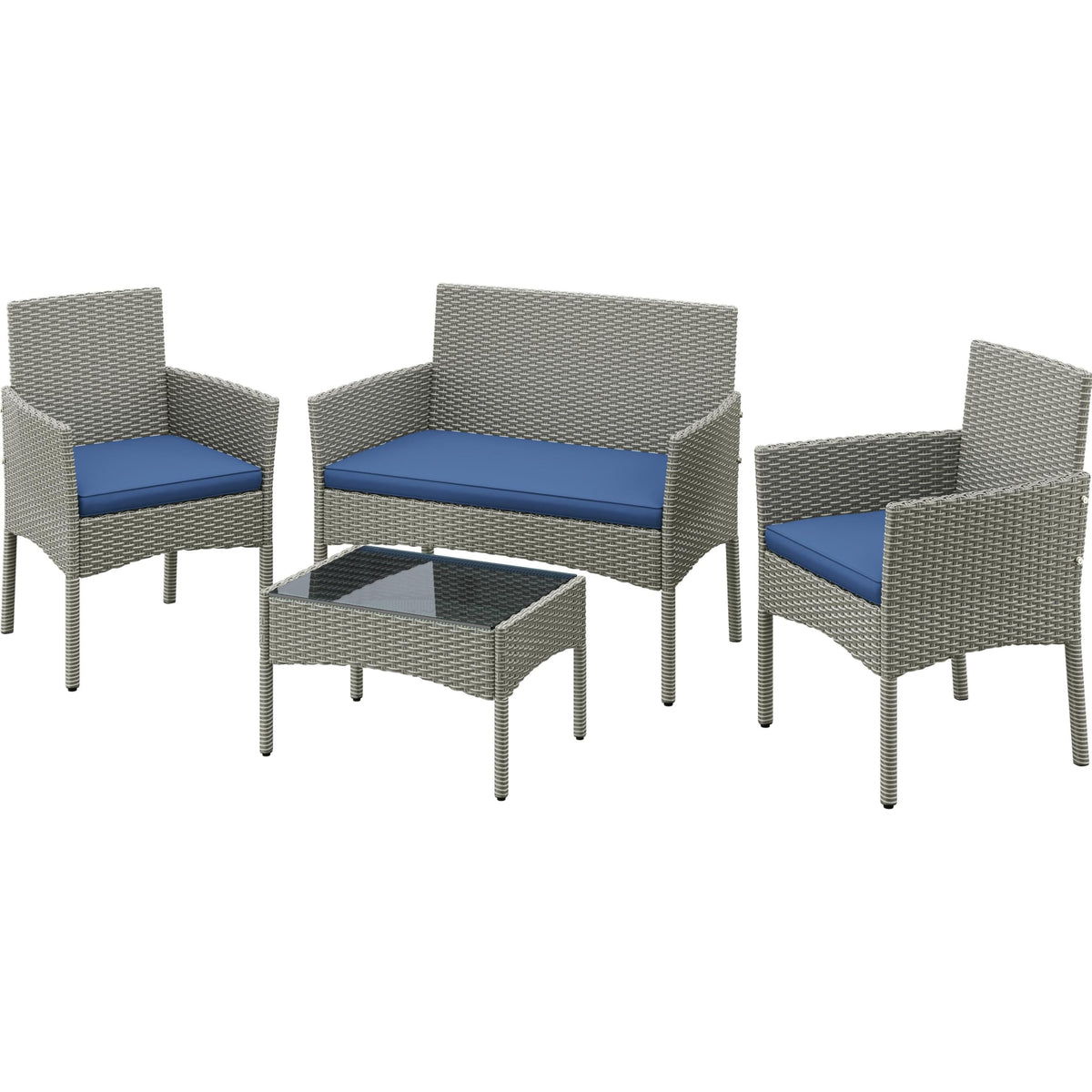 4 Pieces Rattan Wicker Patio Furniture Set with Cushion and Glass Table D405730