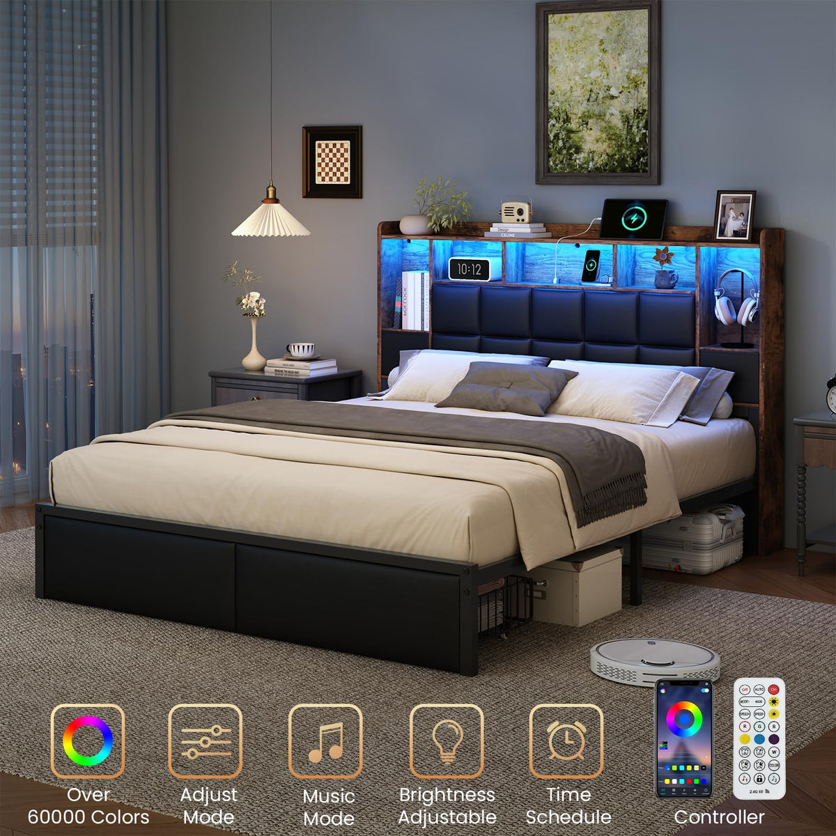 Full Size Platform Bed Frame with LED Light and Charging Station, Black O36303