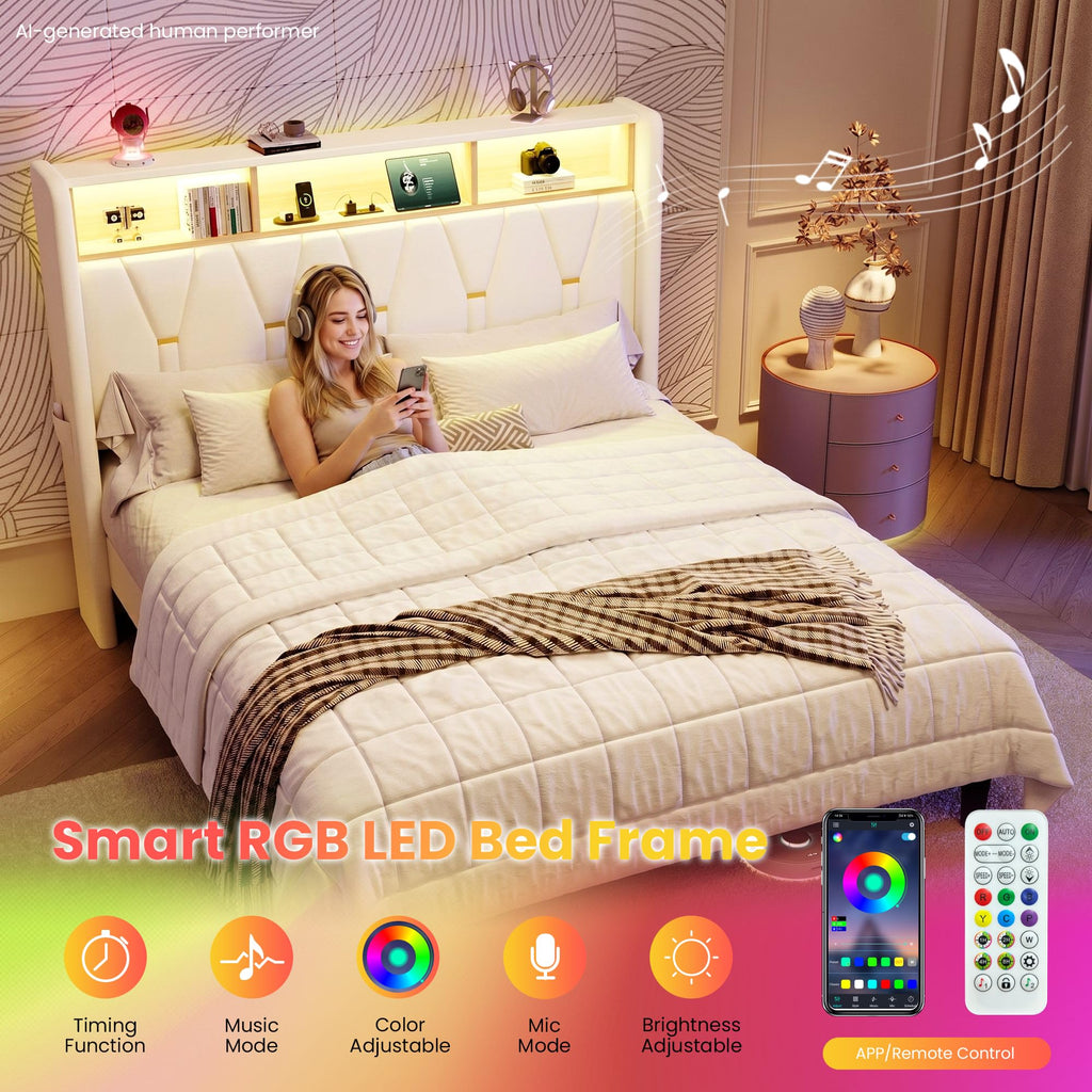Full Size Bed Frame with 2-Tier Storage Headboard E638934