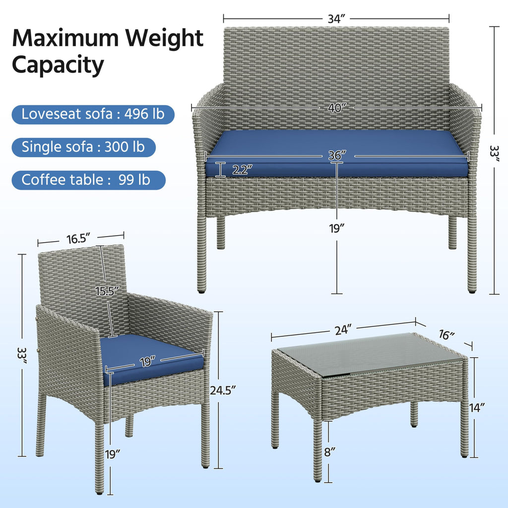 4 Pieces Rattan Wicker Patio Furniture Set with Cushion and Glass Table D405730
