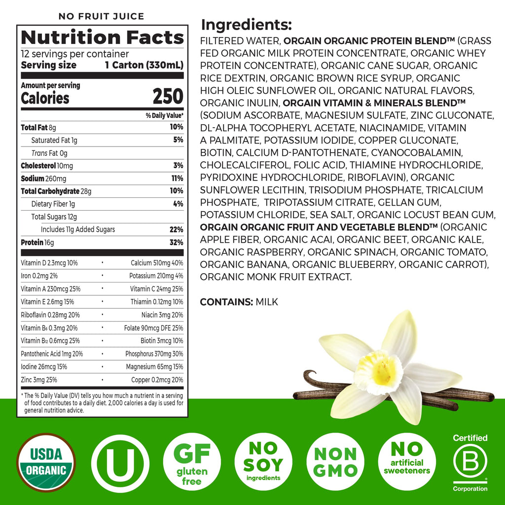 Organic Grass Fed 16g Protein Shake, Vanilla, 11oz, 12pk F14851