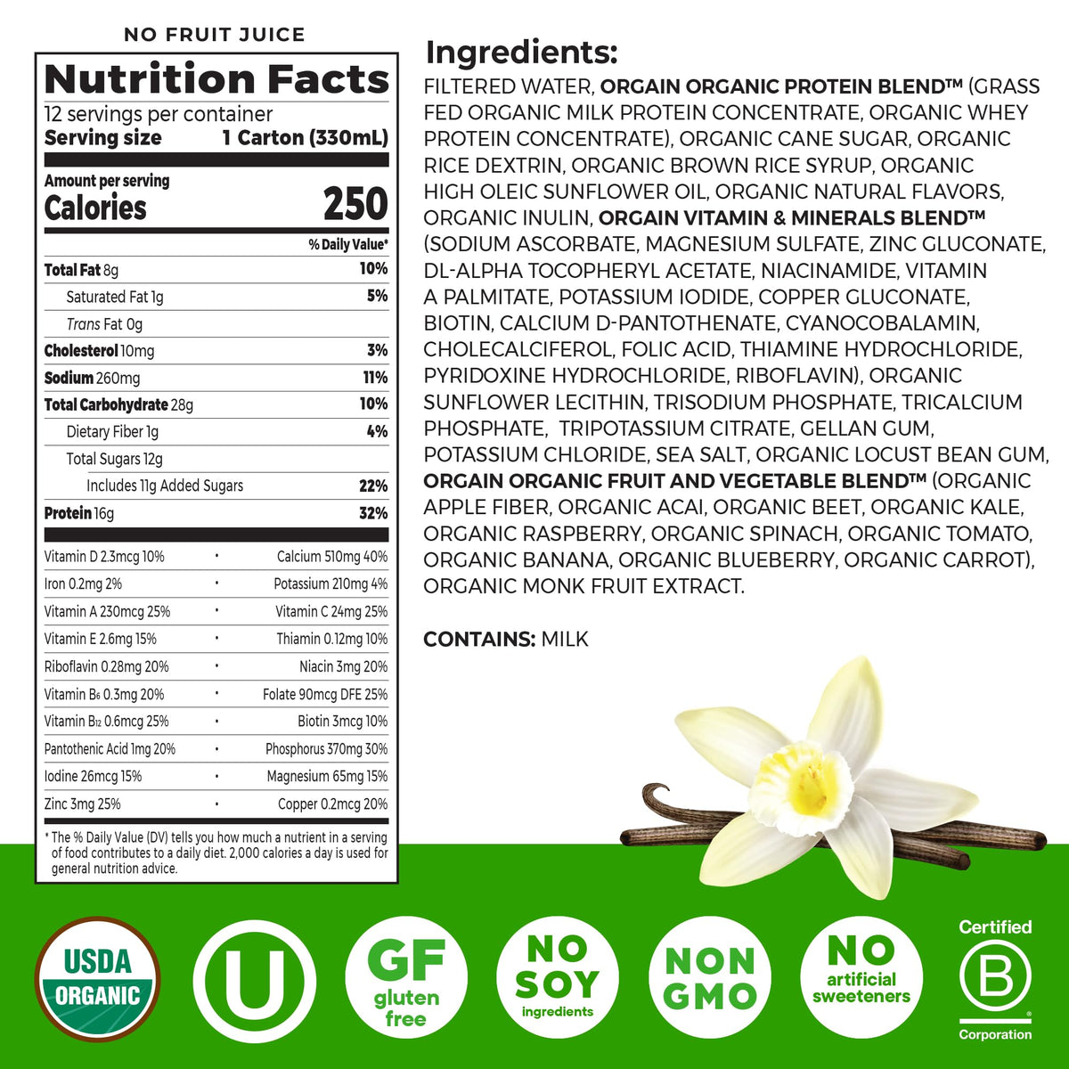 Organic Grass Fed 16g Protein Shake, Vanilla, 11oz, 12pk F14851