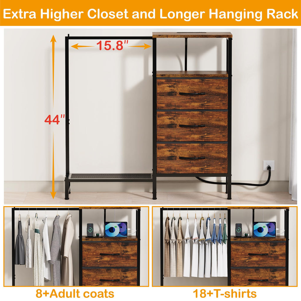 Brown 3 Drawer Fabric Dresser with Hanging Rack N491