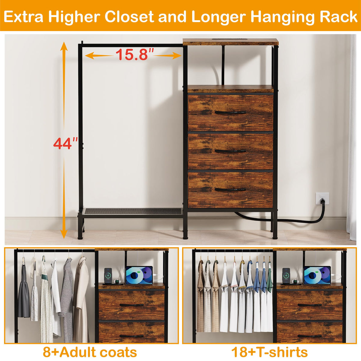 Brown 3 Drawer Fabric Dresser with Hanging Rack N491