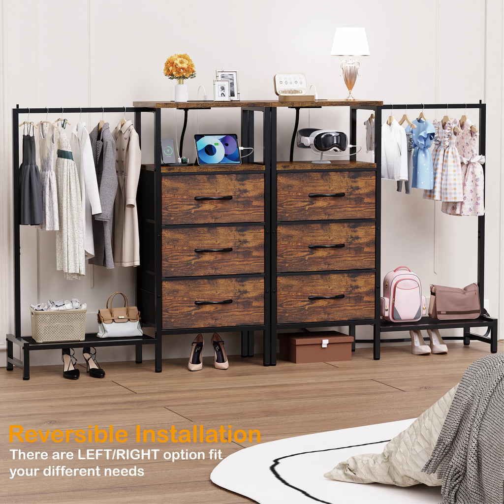 Brown 3 Drawer Fabric Dresser with Hanging Rack N491