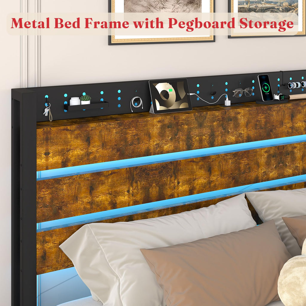 King Size Storage Bed Frame with 4 Drawers, Metal Bed Frame with Headboard Charging Station & Led Lights, Heavy Duty Platform Bedframe, No Box Spring Needed, Noise Free, Easy Assembly, Brown I3714