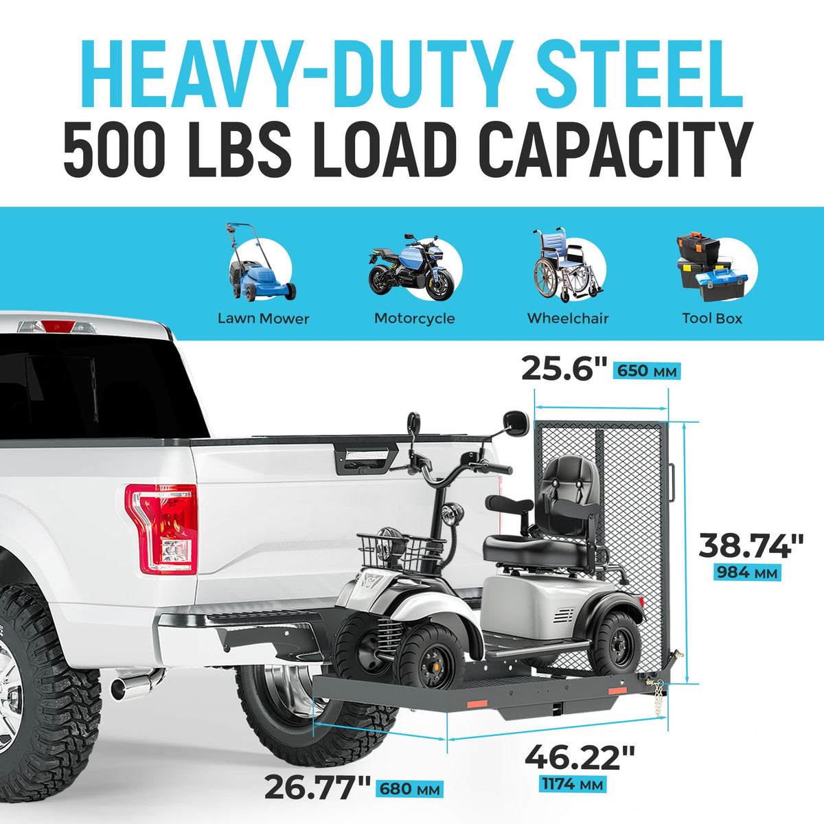 46.2 X 26.8 X 38.7 Inch Foldable Hitch Cargo Carrier with Ramp 500 Lbs H9895