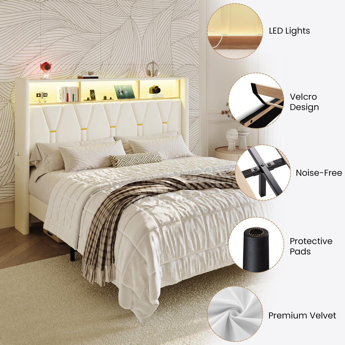 Full Size Bed Frame with 2-Tier Storage Headboard E638934