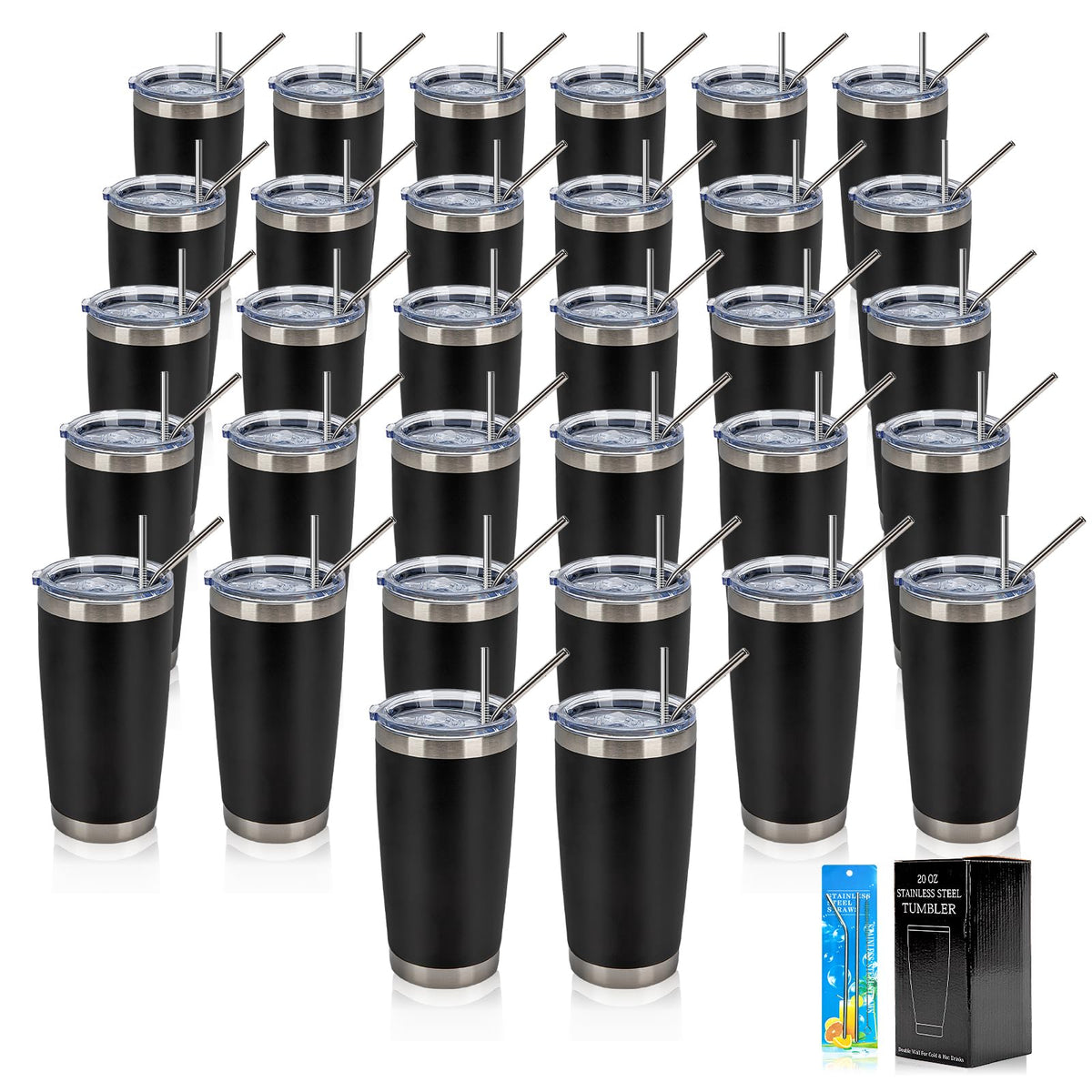 32 Pack 20oz Stainless Steel Insulated Tumblers with Lid & Straw J509987