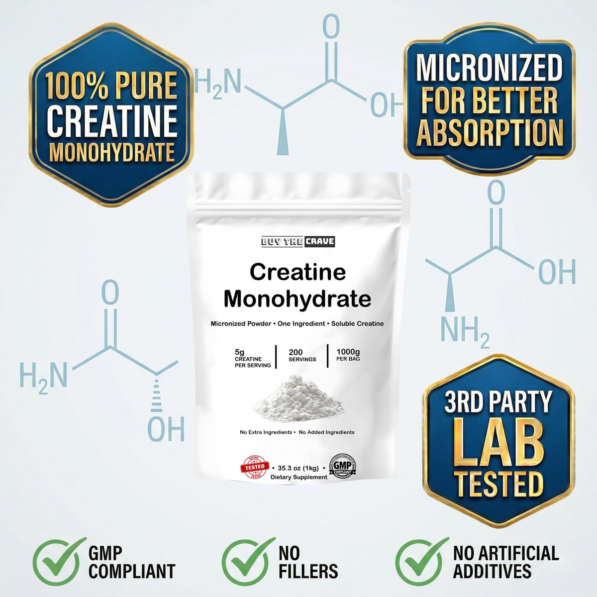 Micronized Creatine Monohydrate Powder Unflavored Gluten-Free 1000g P487