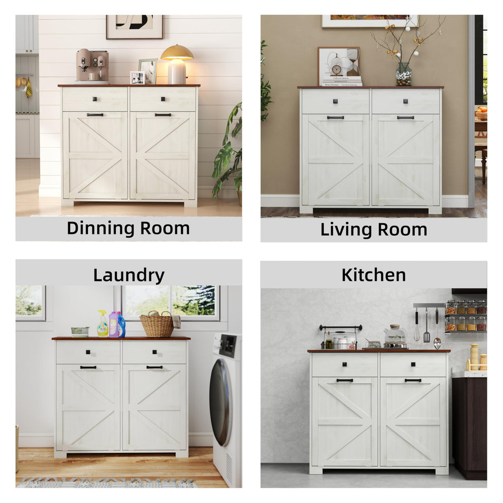 Antique White Wooden Tilt Out Trash Cabinet with 2 Storage Drawers I607