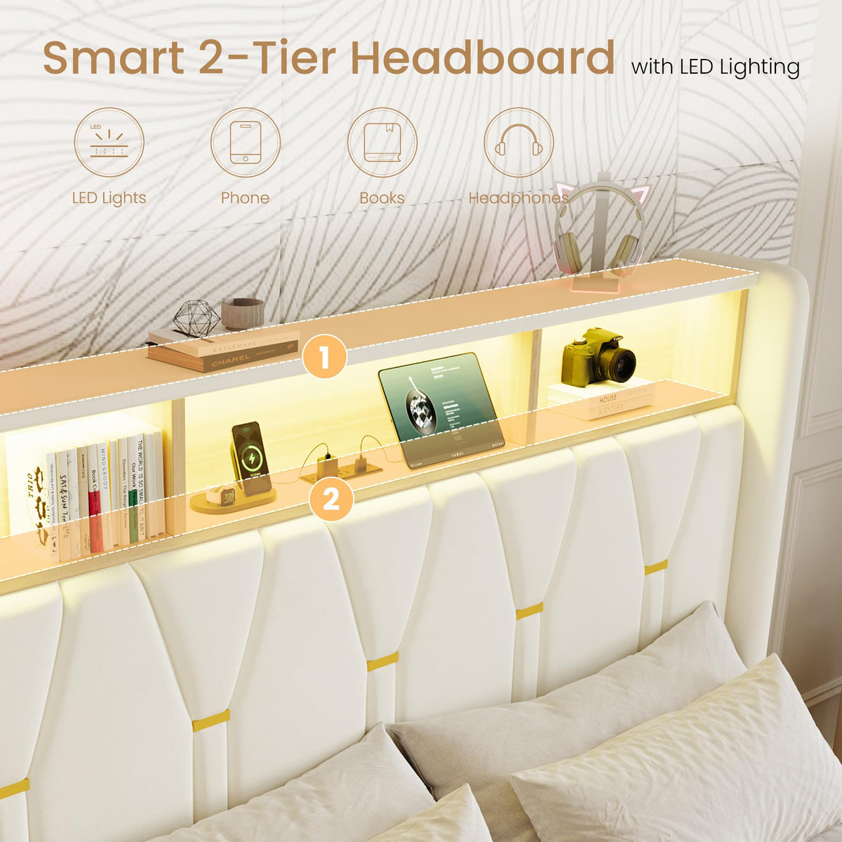 Full Size Bed Frame with 2-Tier Storage Headboard E638934