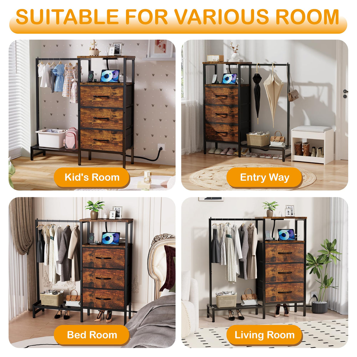 Brown 3 Drawer Fabric Dresser with Hanging Rack N491