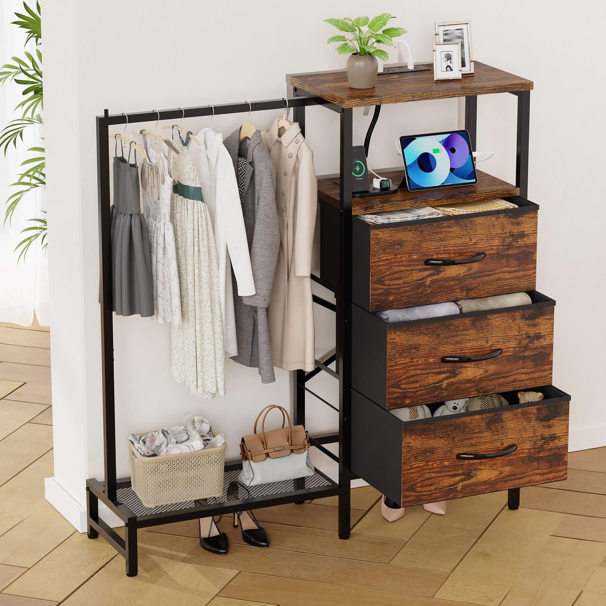 Brown 3 Drawer Fabric Dresser with Hanging Rack N491