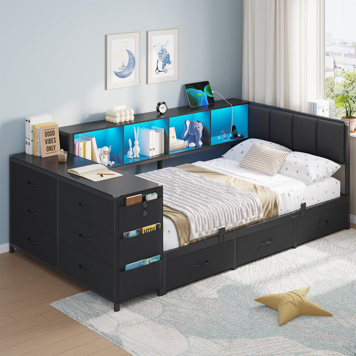 Twin Corner Bed with 6 Storage Dressers, 3 Drawers & Bookcase, Charging Station and LED Light, Desk, Upholstered Headboard, Black G5065