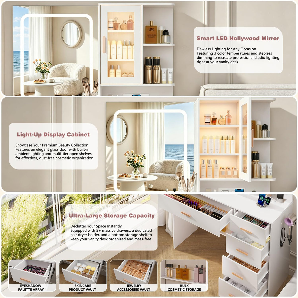 White Vanity Desk with LED Lights Mirror, 5 Drawers, Charging Station & Cushion Stool G84875