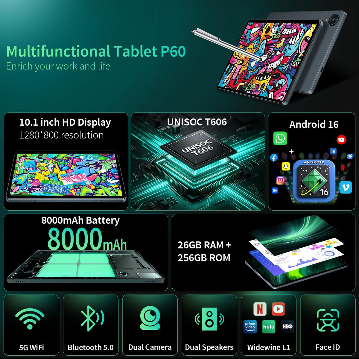 Android 16 Tablet with Keyboard 26GB 256GB 2TB Octa-Core Black Case W4275