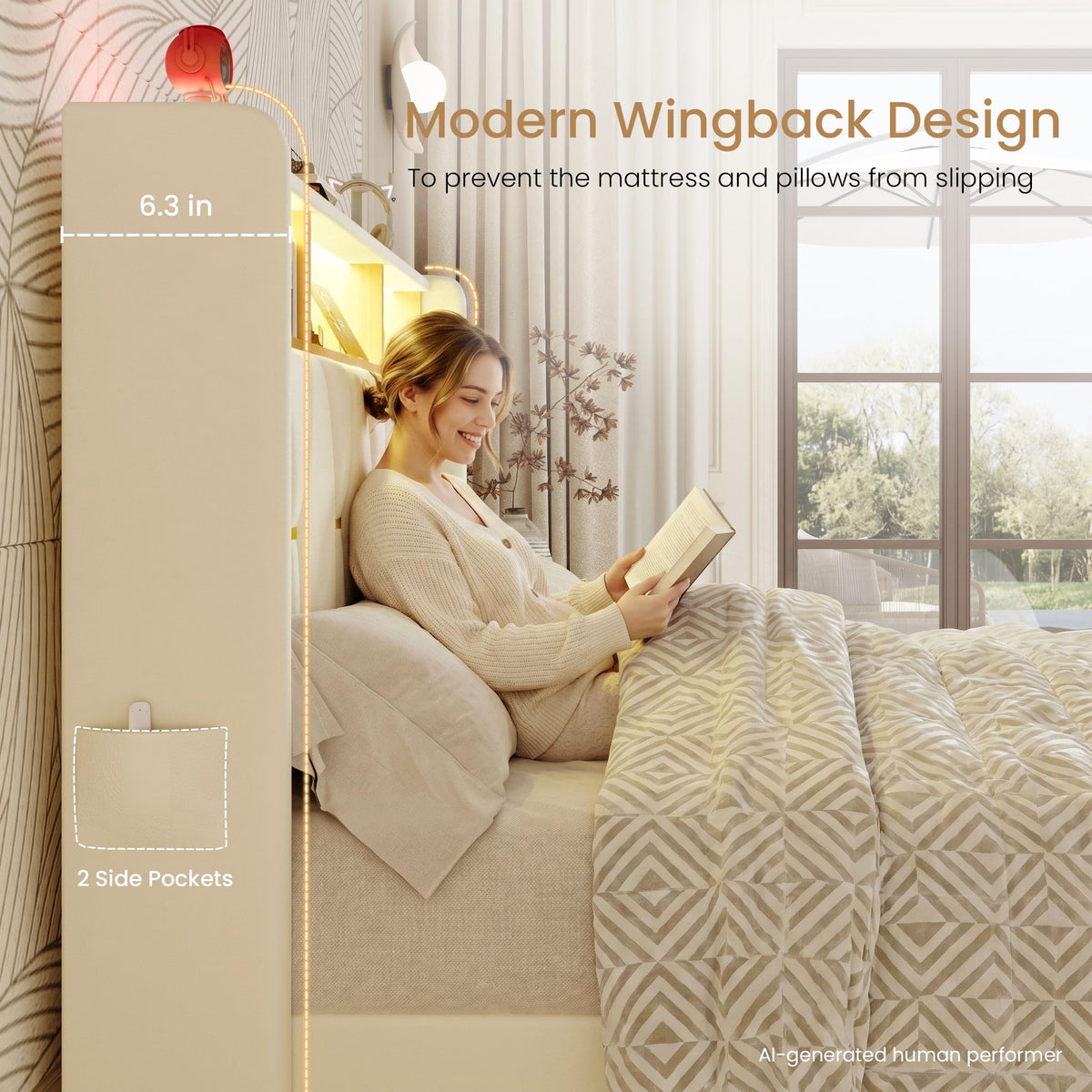 Full Size Bed Frame with 2-Tier Storage Headboard E638934