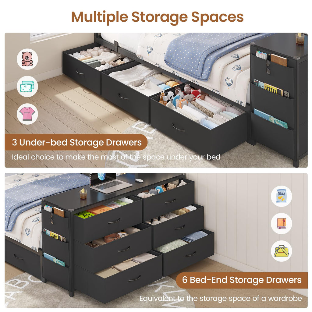 Twin Corner Bed with 6 Storage Dressers, 3 Drawers & Bookcase, Charging Station and LED Light, Desk, Upholstered Headboard, Black G5065