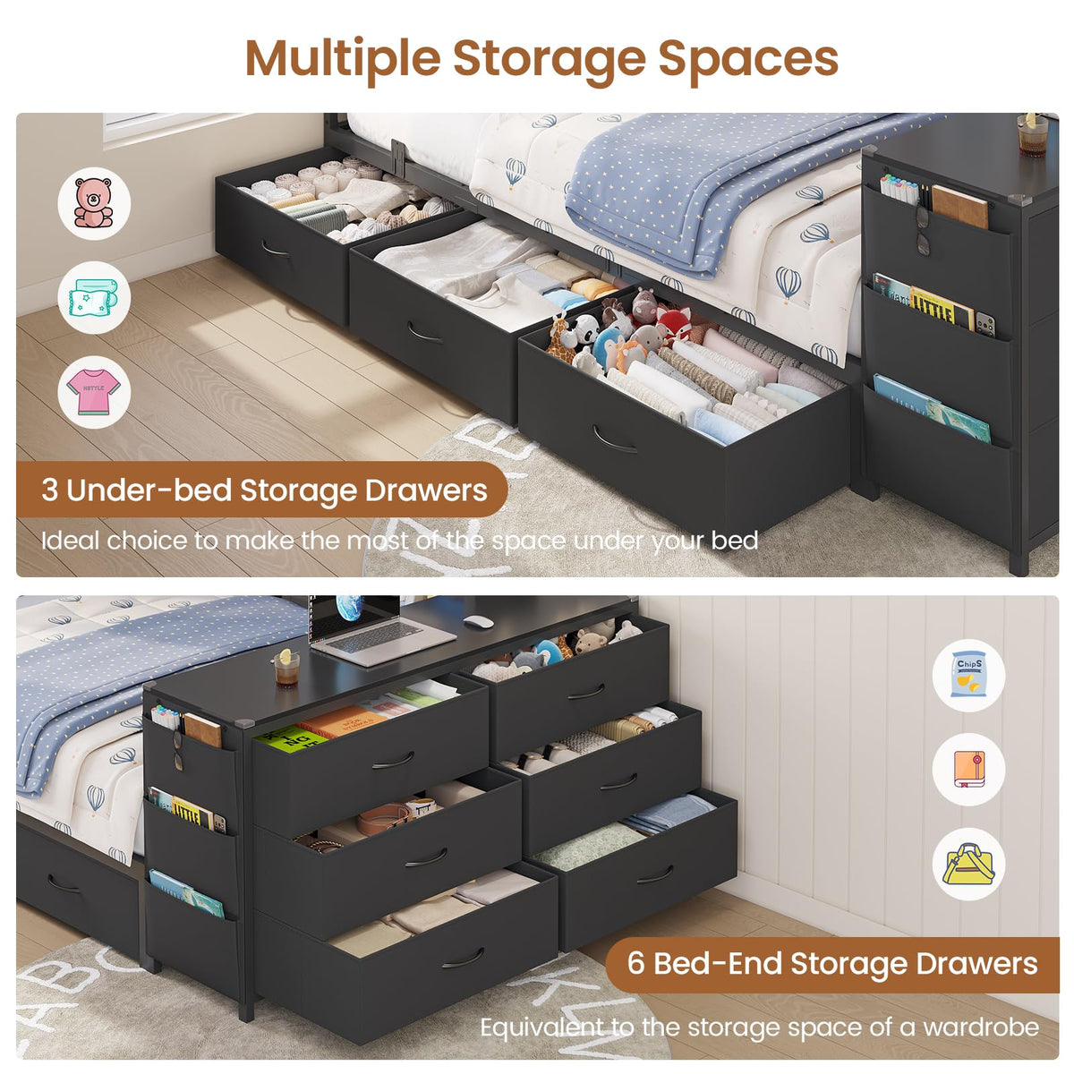 Twin Corner Bed with 6 Storage Dressers, 3 Drawers & Bookcase, Charging Station and LED Light, Desk, Upholstered Headboard, Black G5065