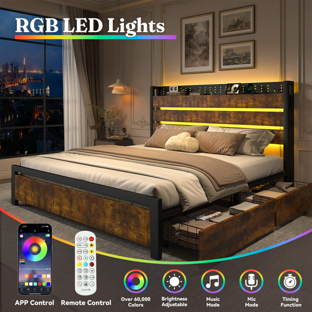 King Size Storage Bed Frame with 4 Drawers, Metal Bed Frame with Headboard Charging Station & Led Lights, Heavy Duty Platform Bedframe, No Box Spring Needed, Noise Free, Easy Assembly, Brown I3714